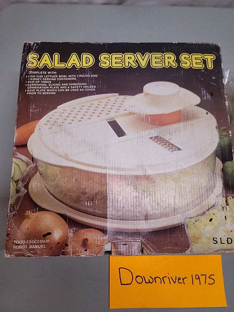 Vintage Manual Food Processor With Bowl Tongs Plate Kidney Servers Beige Clear