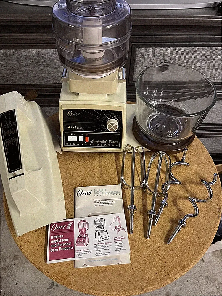 Vintage Oster Kitchen Center Set Regency Mixer Food Processor Glass Bowl Works