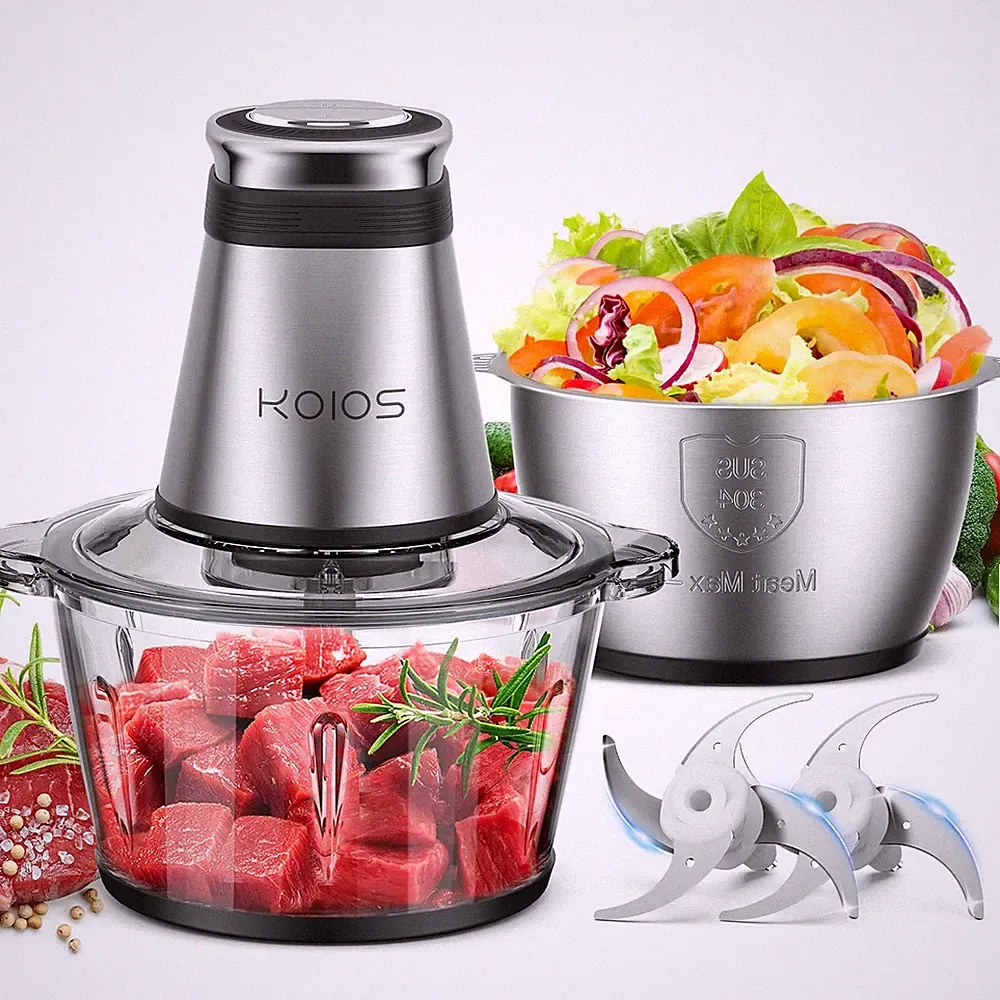 W Food Processor Electric Chopper 2L Glass Stainless Bowls 2-Speed 120V