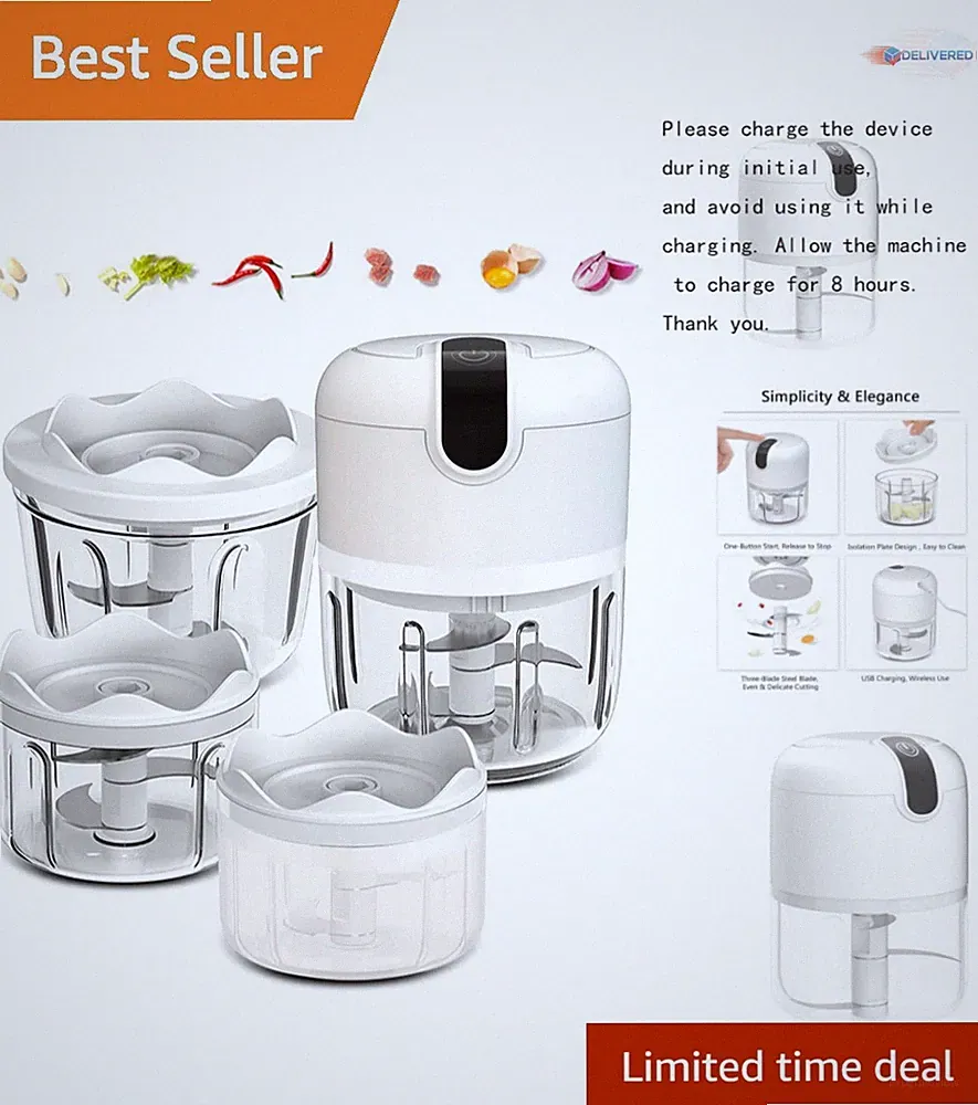 White Mini Food Chopper Cordless 3-Pc Set Small Processor USB Rechargeable